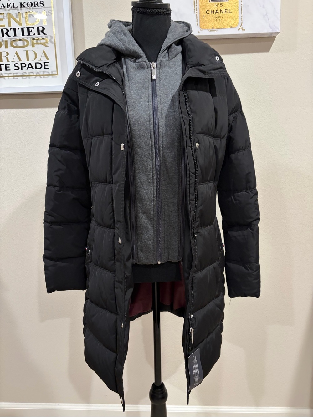 Tommy Hilfiger Black Long Puffer Coat Removable Hood NWT XS